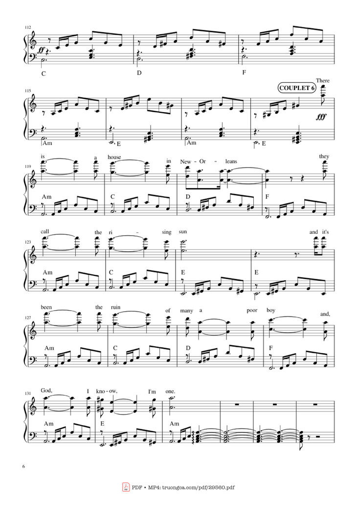 Page 6 of the piano sheet music PDF Piano - The house of the rising sun (The Animals) Piano by Bernard Delahaye