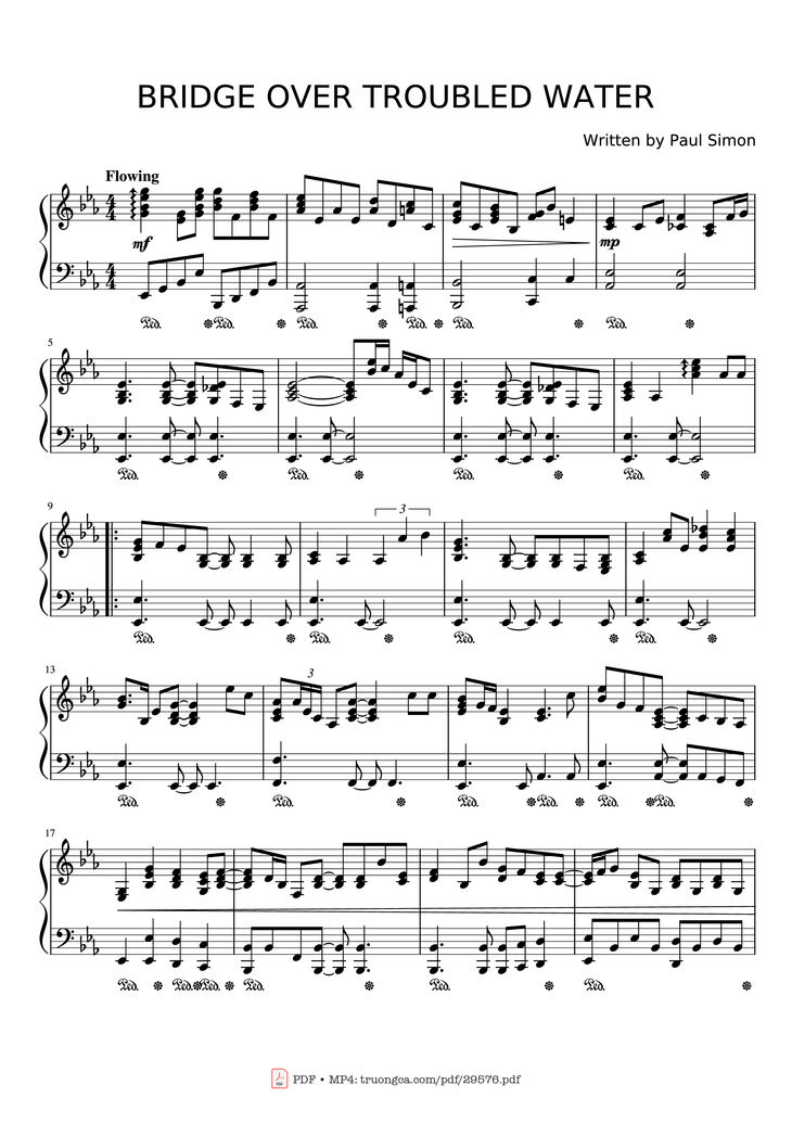 Page 1 of the piano sheet music PDF - BRIDGE OVER TROUBLED WATER Piano by Written by Paul Simon
