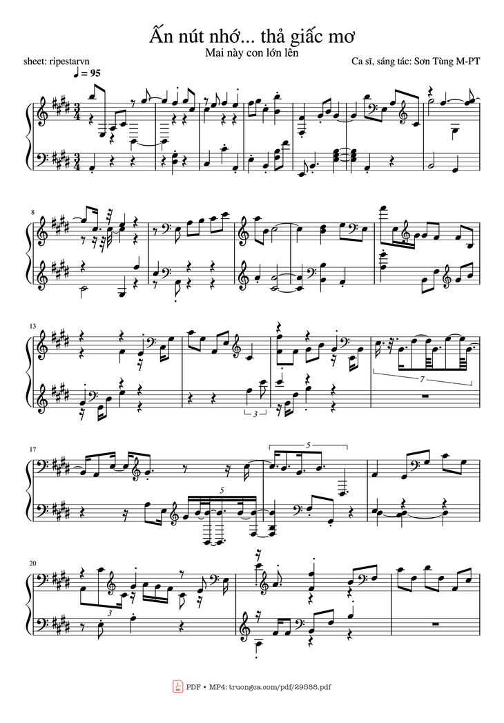 Page 1 of the piano sheet music PDF - Ấn nút nhớ... thả giấc mơ Piano by Ca sĩ, sáng tác: Sơn Tùng M-PT