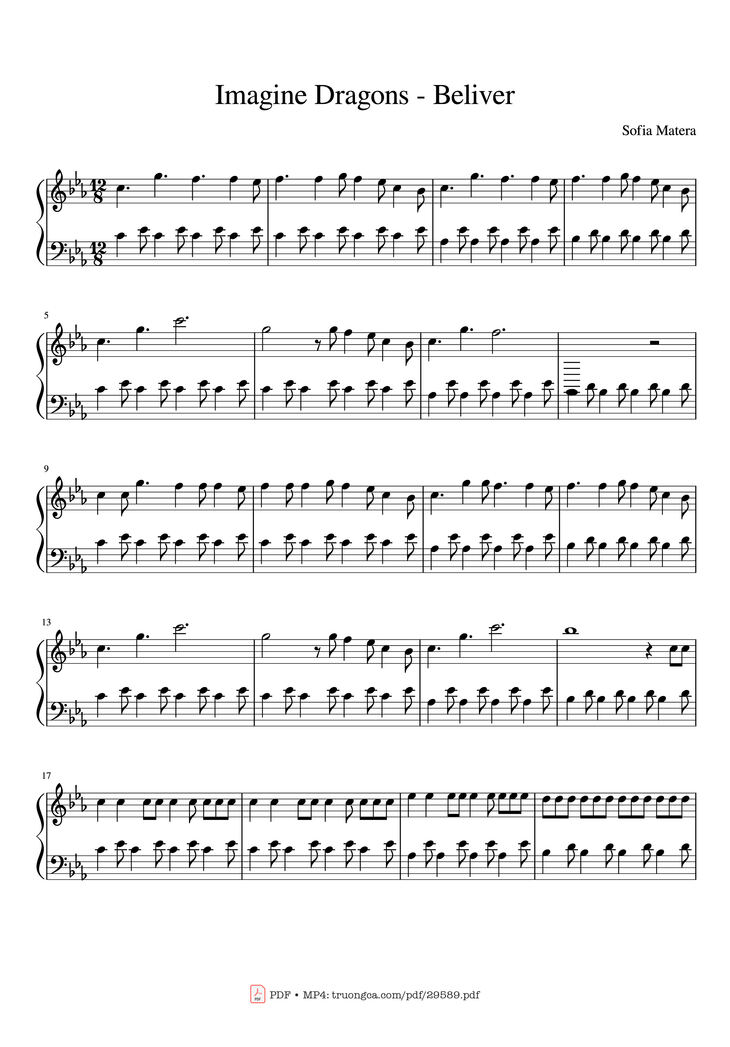 Page 1 of the piano sheet music PDF Piano - Imagine Dragons - Beliver Piano by Sofia Matera