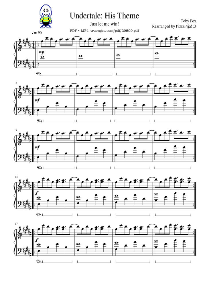 Page 1 of the piano sheet music PDF Piano - Undertale: His Theme Piano by Toby Fox Rearranged by PizzaPija! :3