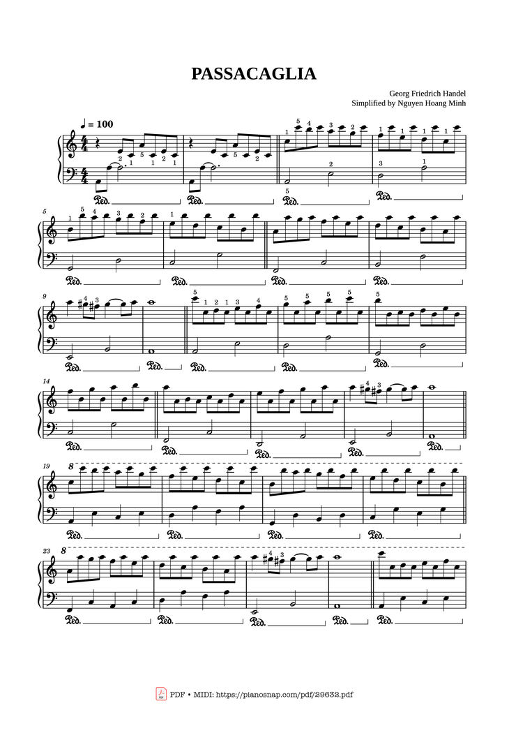 Page 1 of the piano sheet music PDF Piano - Passacaglia Piano EASY by Georg Friedrich Handel