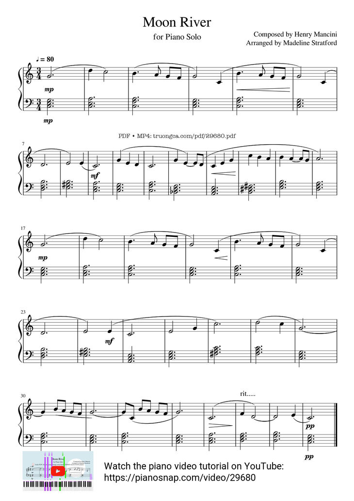 Page 1 of the piano sheet music PDF Piano - Moon River Piano easy by Breakfast at Tiffany