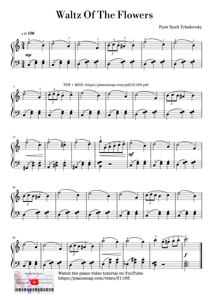 Page 1 of the piano sheet music PDF Piano - Waltz Of The Flowers Piano Easy by Pyotr Ilyich Tchaikovsky