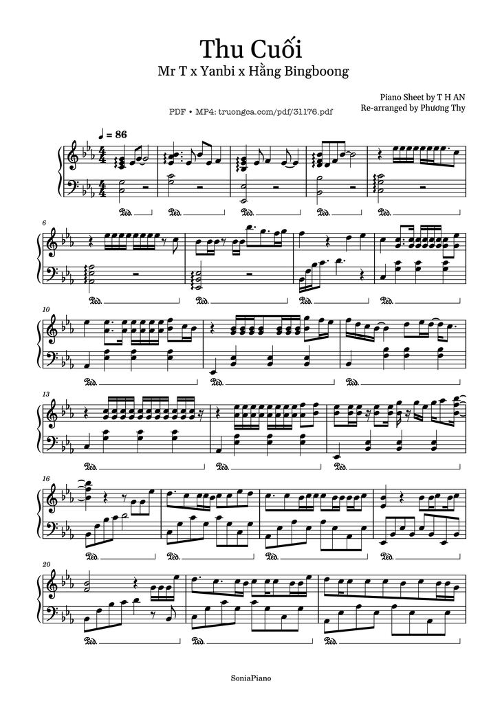Page 1 of the piano sheet music PDF - Thu Cuối Piano by Yanbi