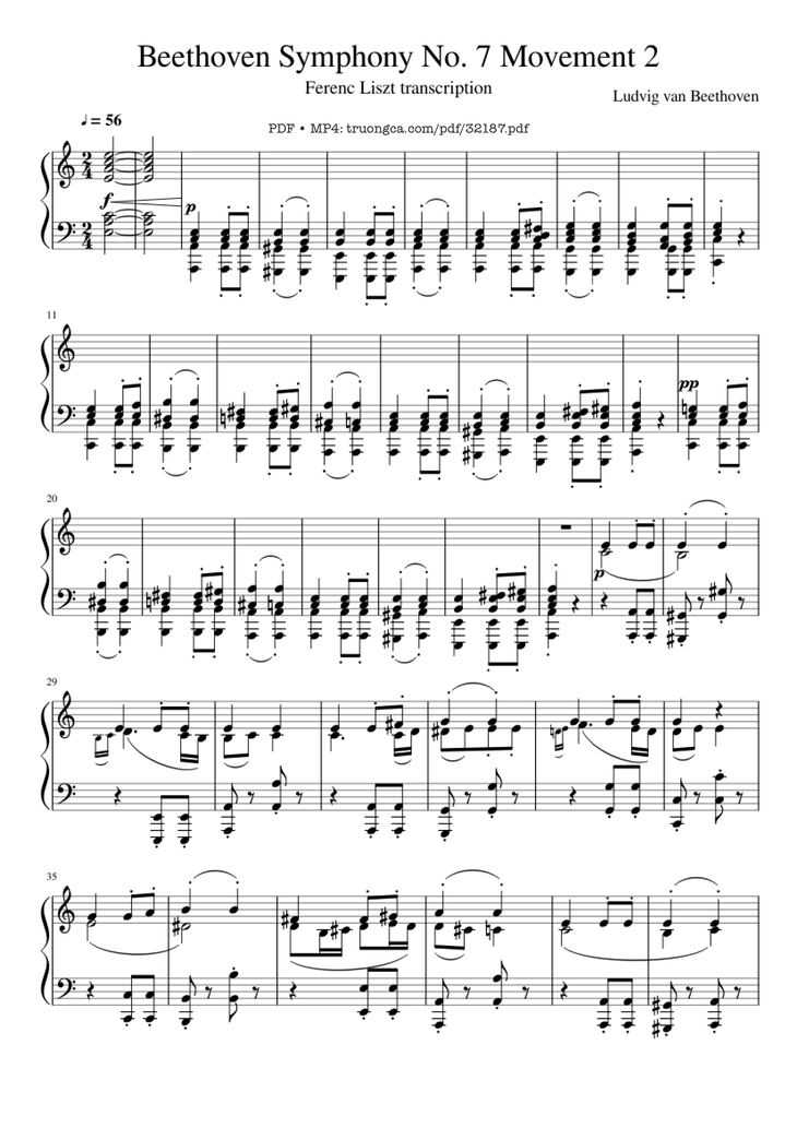 Page 1 of the piano sheet music PDF Piano - Beethoven Symphony No. 7 Movement 2 Piano by Ludvig van Beethoven
