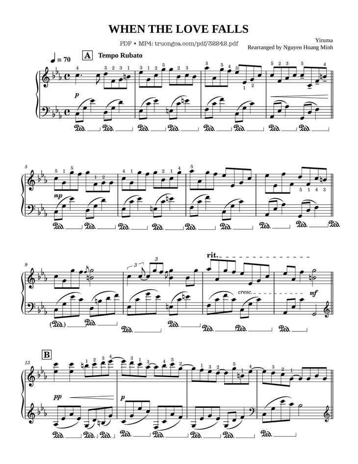 Page 1 of the piano sheet music PDF - WHEN THE LOVE FALLS Piano by Yiruma