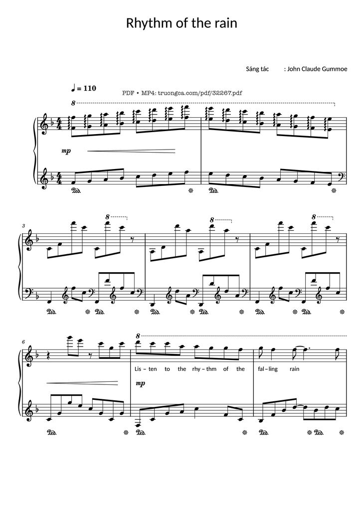 Page 1 of the piano sheet music PDF - Rhythm of the rain Piano by John Claude Gummoe
