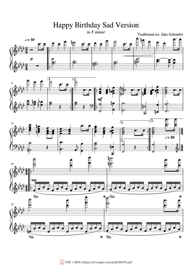 Page 1 of the piano sheet music PDF Piano - Happy Birthday Sad Version Piano by Jake Schembri