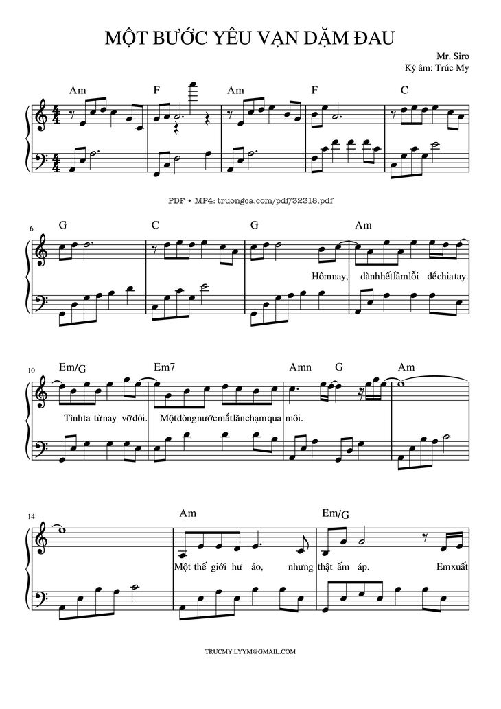 Page 1 of the piano sheet music PDF Piano - Một bước yêu, vạn dặm đau Piano by Mr. Siro