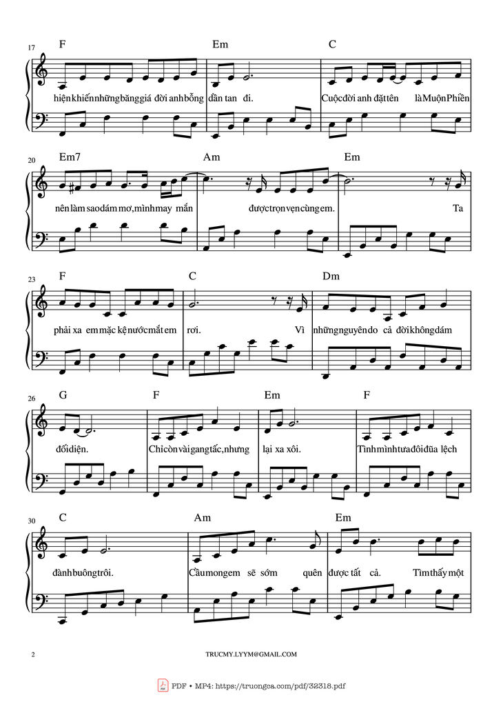 Page 2 of the piano sheet music PDF Piano - Một bước yêu, vạn dặm đau Piano by Mr. Siro