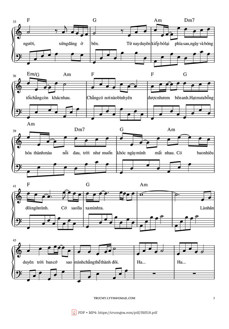 Page 3 of the piano sheet music PDF Piano - Một bước yêu, vạn dặm đau Piano by Mr. Siro