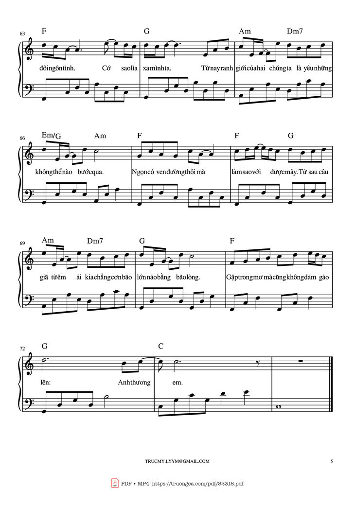 Page 5 of the piano sheet music PDF Piano - Một bước yêu, vạn dặm đau Piano by Mr. Siro