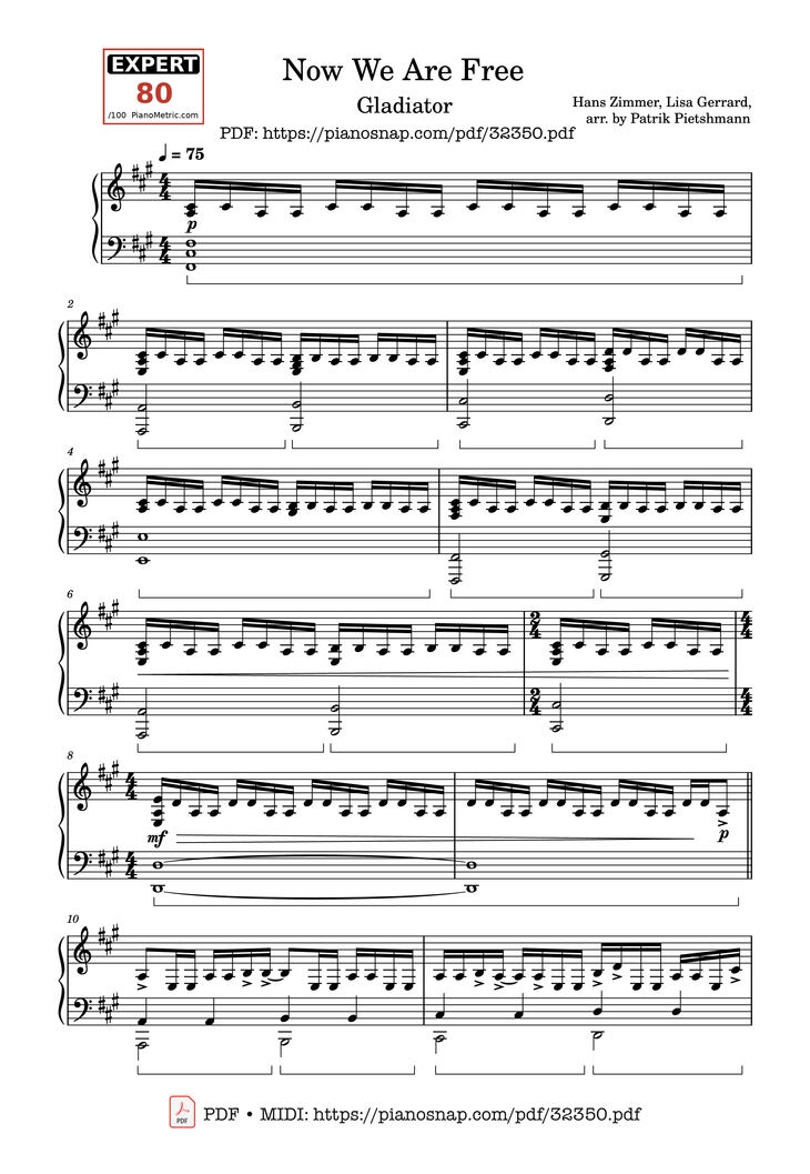 Page 1 of the piano sheet music PDF Piano - Now We Are Free Piano by Hans Zimmer, Lisa Gerrard