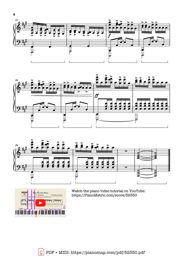 Page 4 of the piano sheet music PDF Piano - Now We Are Free Piano by Hans Zimmer, Lisa Gerrard