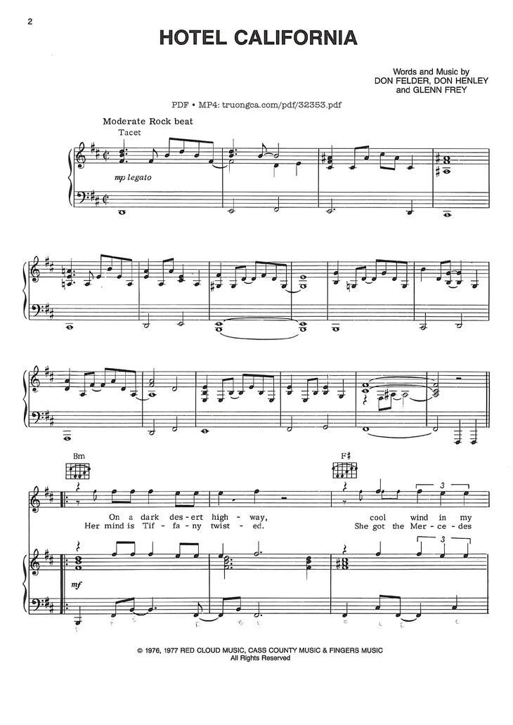 Page 1 of the piano sheet music PDF - Hotel California Piano-Vocal by Eagles