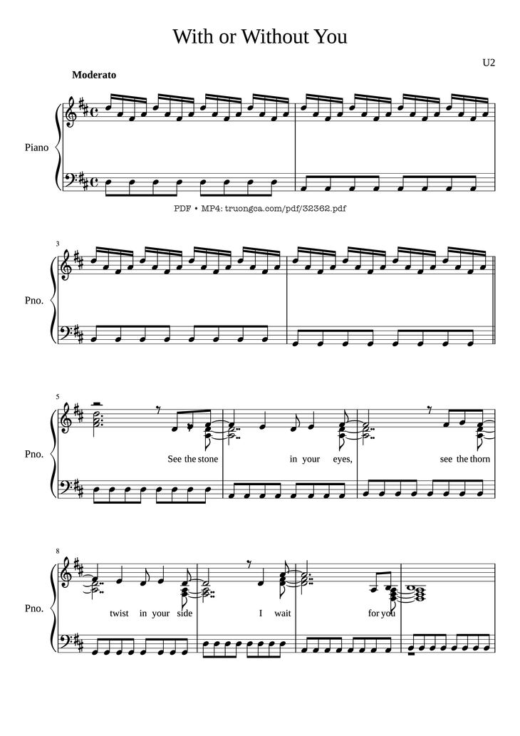 Page 1 of the piano sheet music PDF Piano - With or Without You Piano by U2