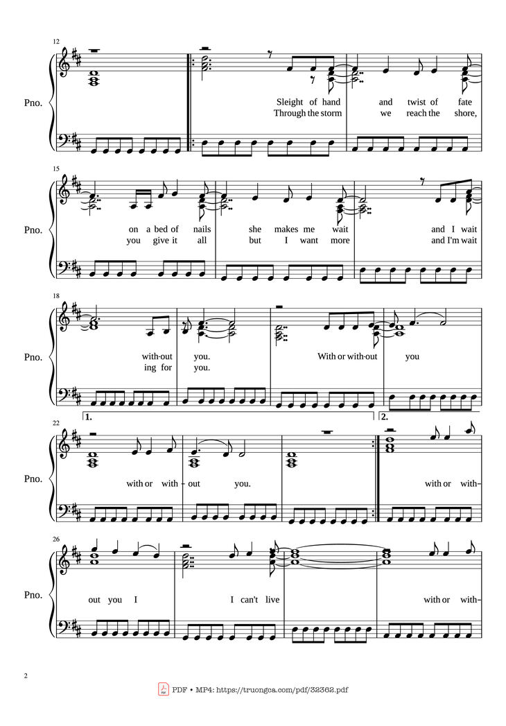 Page 2 of the piano sheet music PDF Piano - With or Without You Piano by U2