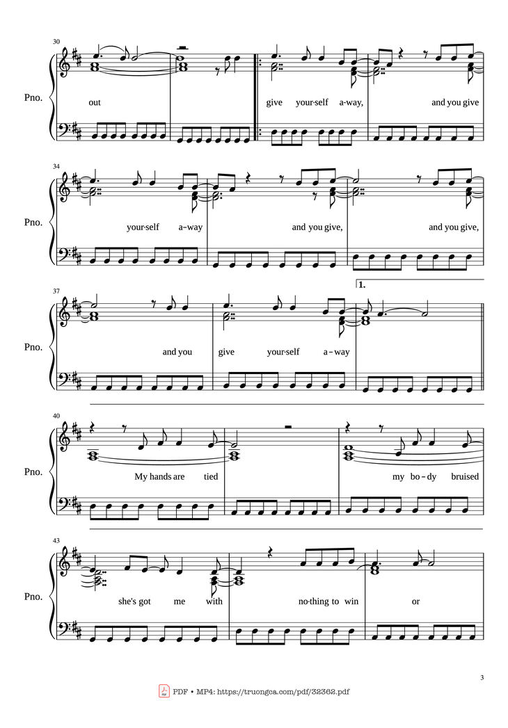 Page 3 of the piano sheet music PDF Piano - With or Without You Piano by U2