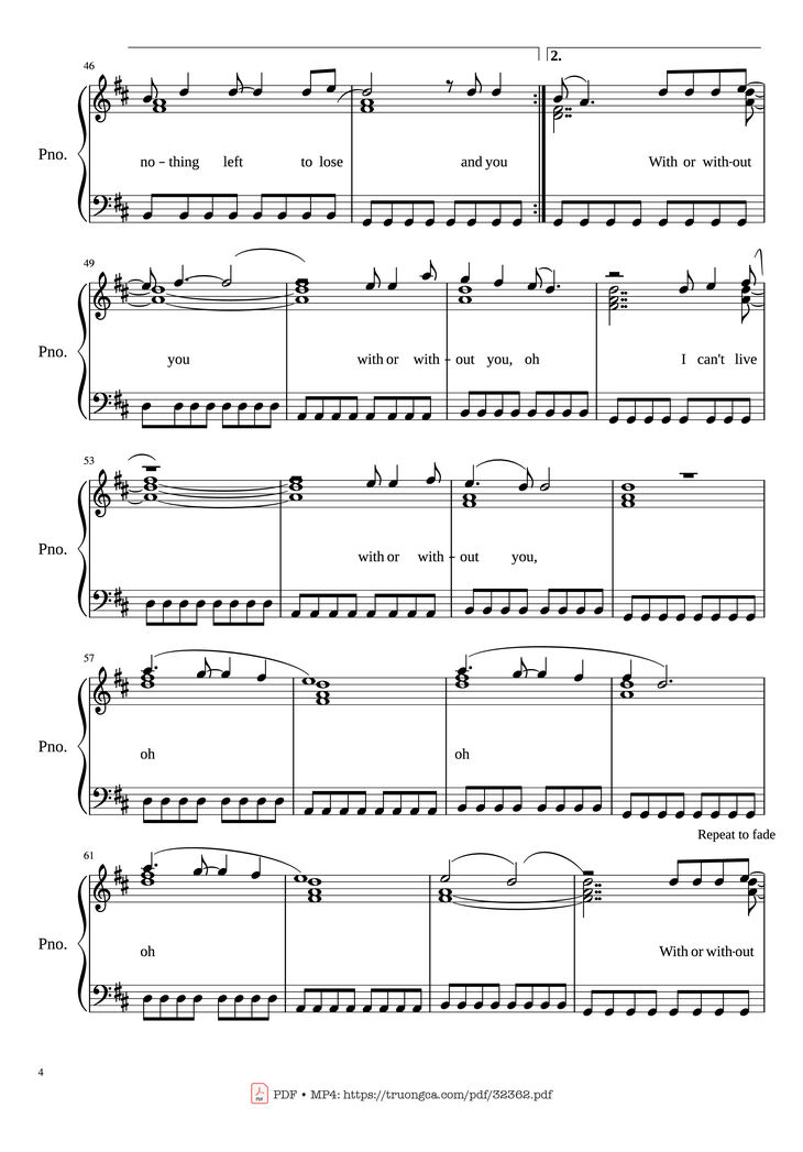 Page 4 of the piano sheet music PDF Piano - With or Without You Piano by U2