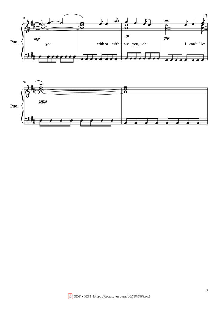 Page 5 of the piano sheet music PDF Piano - With or Without You Piano by U2