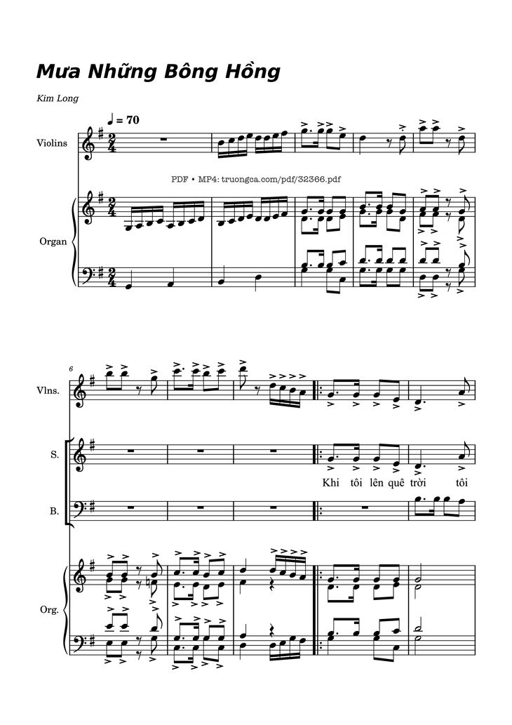 Page 1 of the piano sheet music PDF - Mưa Những Bông Hồng (Bè, Đệm Violin, Organ) by Kim Long
