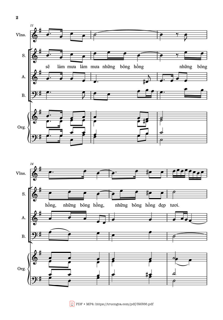 Page 2 of the piano sheet music PDF - Mưa Những Bông Hồng (Bè, Đệm Violin, Organ) by Kim Long