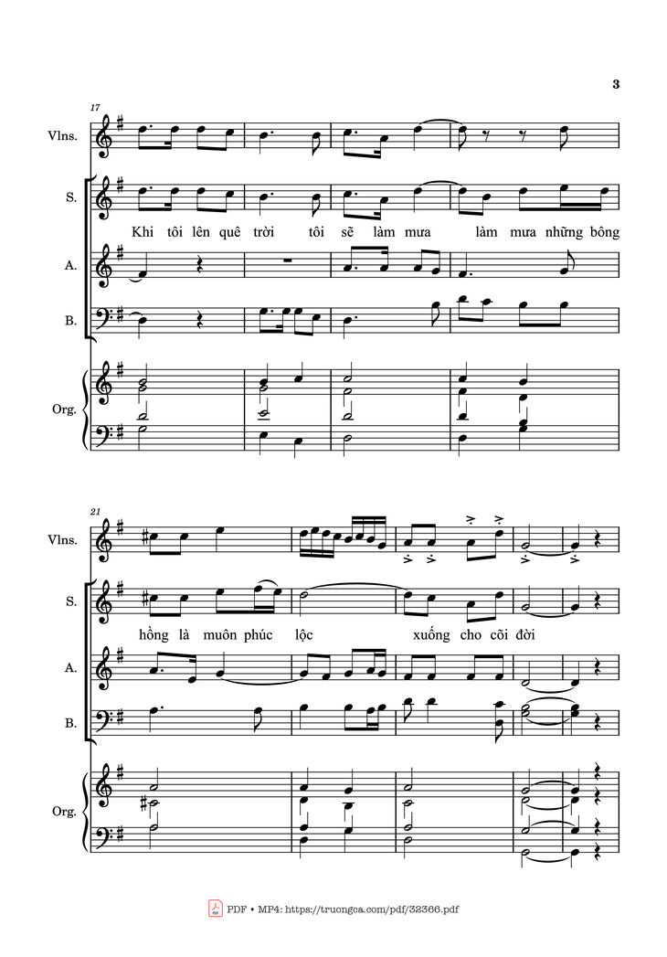Page 3 of the piano sheet music PDF - Mưa Những Bông Hồng (Bè, Đệm Violin, Organ) by Kim Long