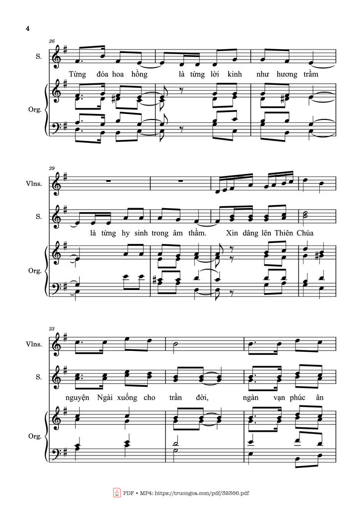 Page 4 of the piano sheet music PDF - Mưa Những Bông Hồng (Bè, Đệm Violin, Organ) by Kim Long