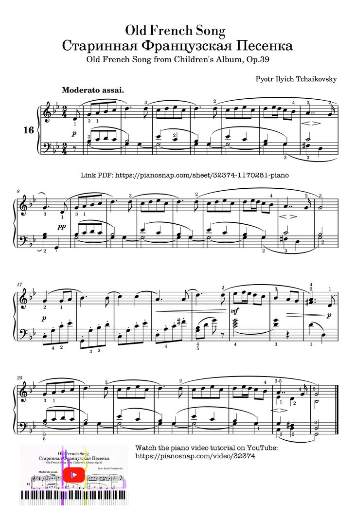Page 1 of the piano sheet music PDF Piano - Old French Song Piano by Pyotr Ilyich Tchaikovsky