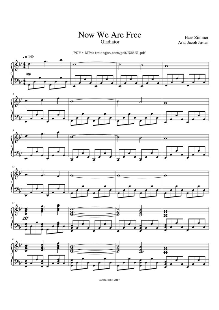 Page 1 of the piano sheet music PDF Piano - Now We Are Free Piano (Easy) by Hans Zimmer