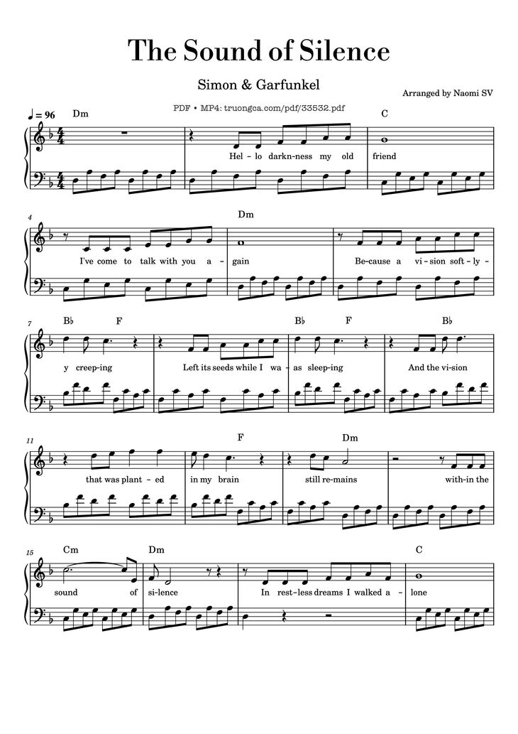 Page 1 of the piano sheet music PDF - The Sound of Silence by Paul Simon