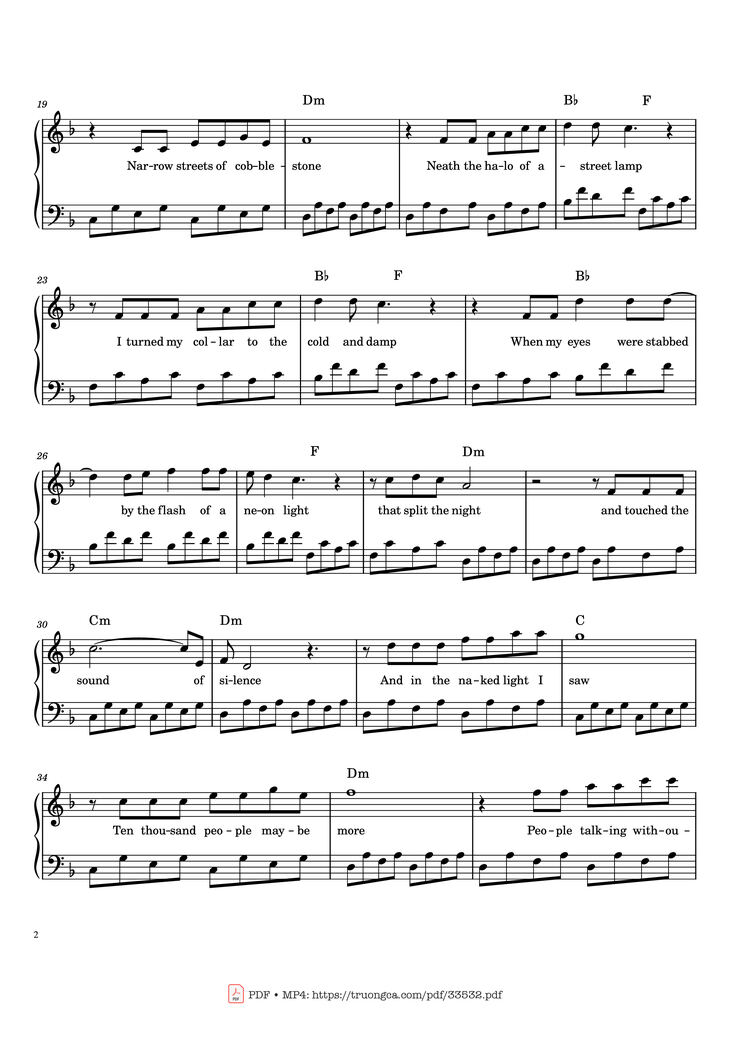 Page 2 of the piano sheet music PDF - The Sound of Silence by Paul Simon