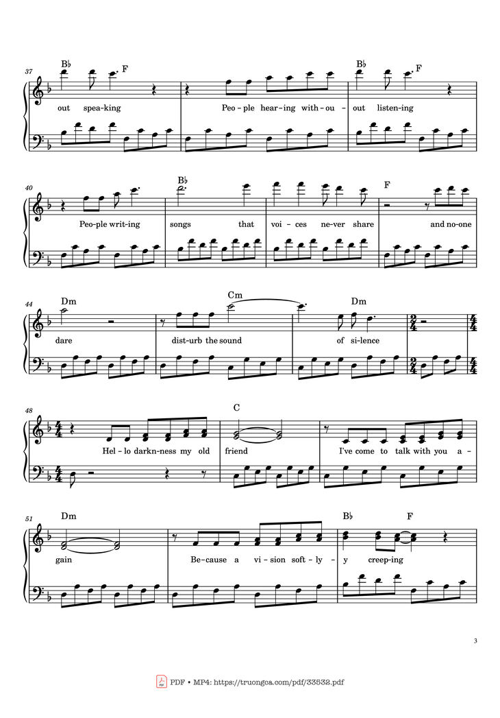 Page 3 of the piano sheet music PDF - The Sound of Silence by Paul Simon