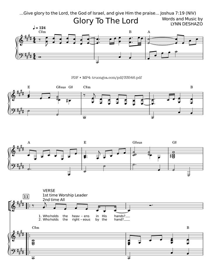 Page 1 of the piano sheet music PDF - Glory To The Lord Piano by LYNN DESHAZO