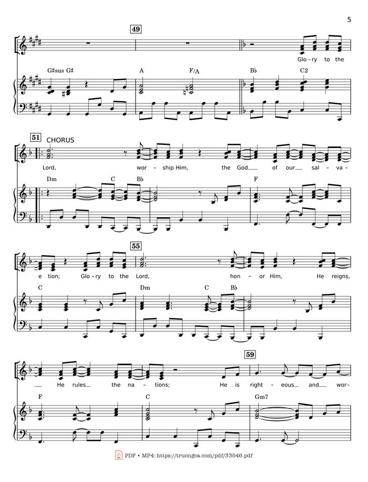 Page 5 of the piano sheet music PDF - Glory To The Lord Piano by LYNN DESHAZO