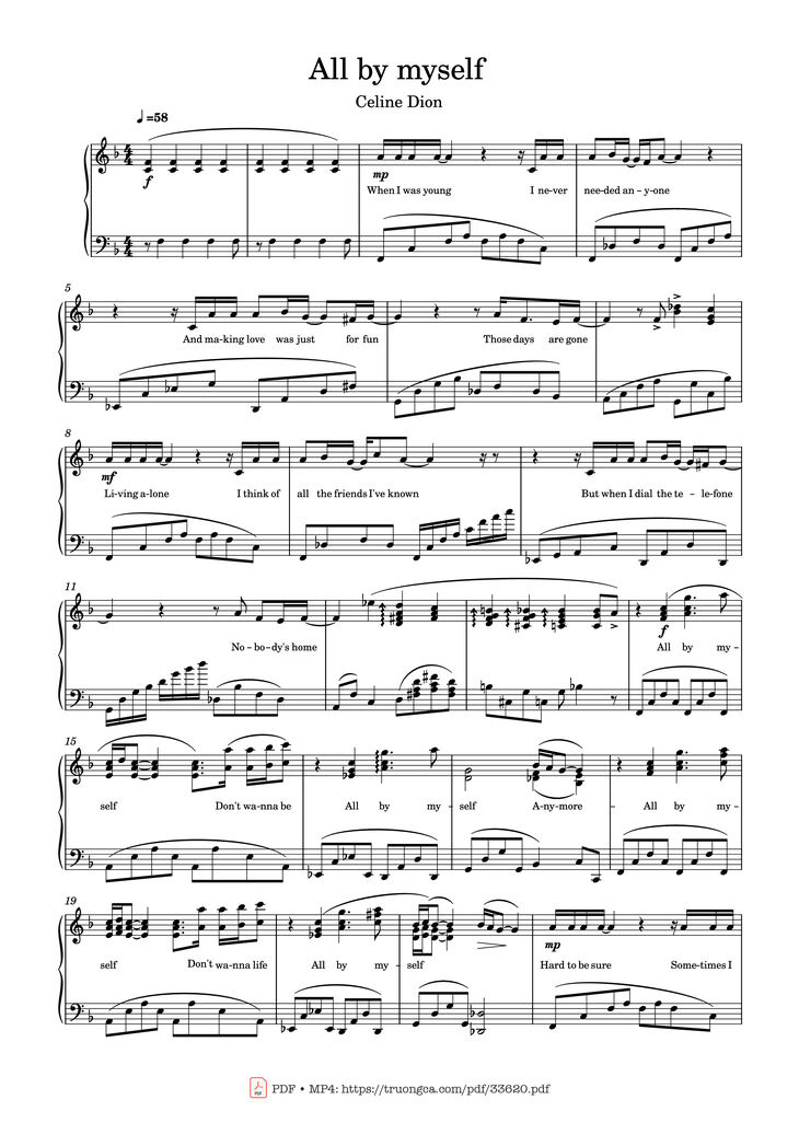 Page 1 of the piano sheet music PDF Piano - All by myself Piano by Celine Dion