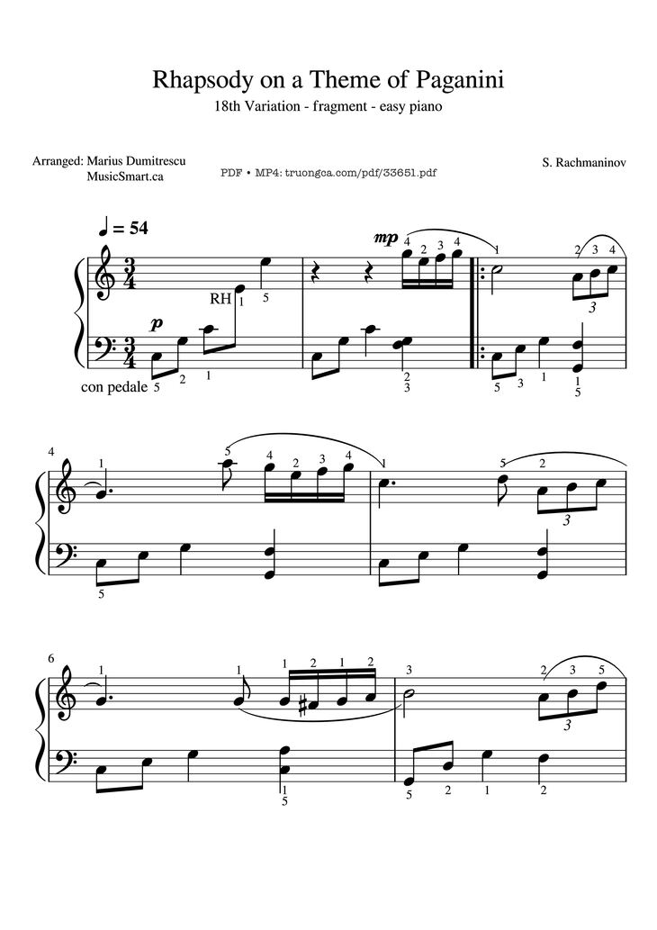 Page 1 of the piano sheet music PDF Piano - Rhapsody on a Theme of Paganini -18th Variation Piano (With Fingering) by S. Rachmaninov