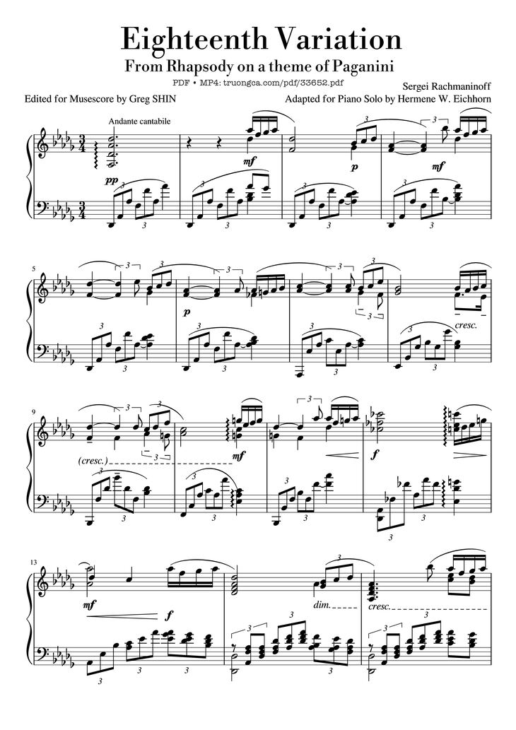Page 1 of the piano sheet music PDF Piano - Rhapsody on a Theme of Paganini - 18th Variation Rachmaninov Piano Easy by Sergei Rachmaninoff