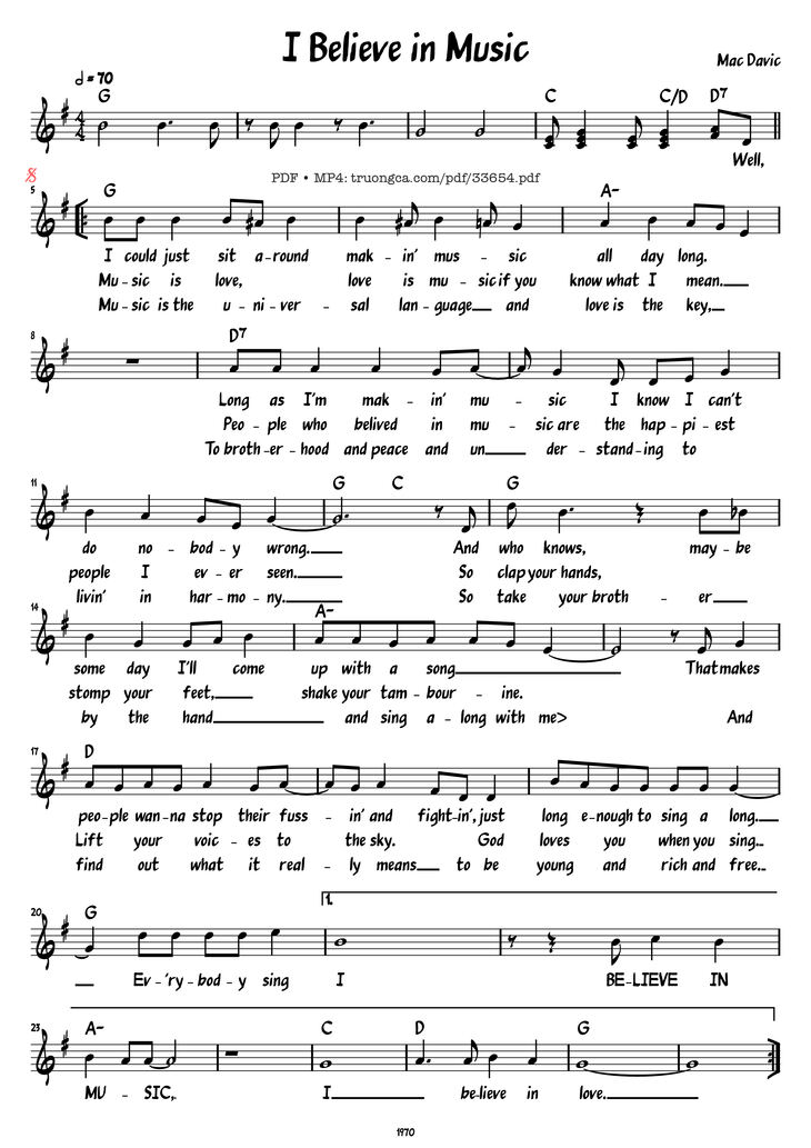 Page 1 of the piano sheet music PDF Piano - I Believe in Music by Mac Davic