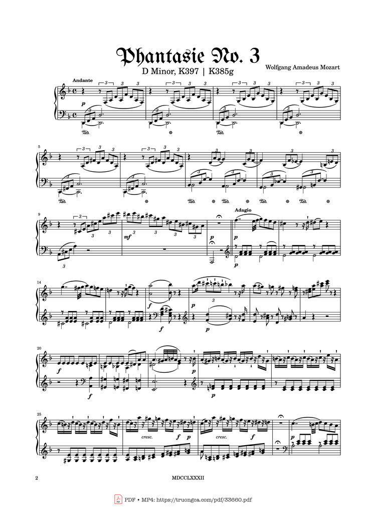 Page 2 of the piano sheet music PDF Piano - Phantasie No. 3 in D Minor K397 Piano by Wolfgang Amadeus Mozart