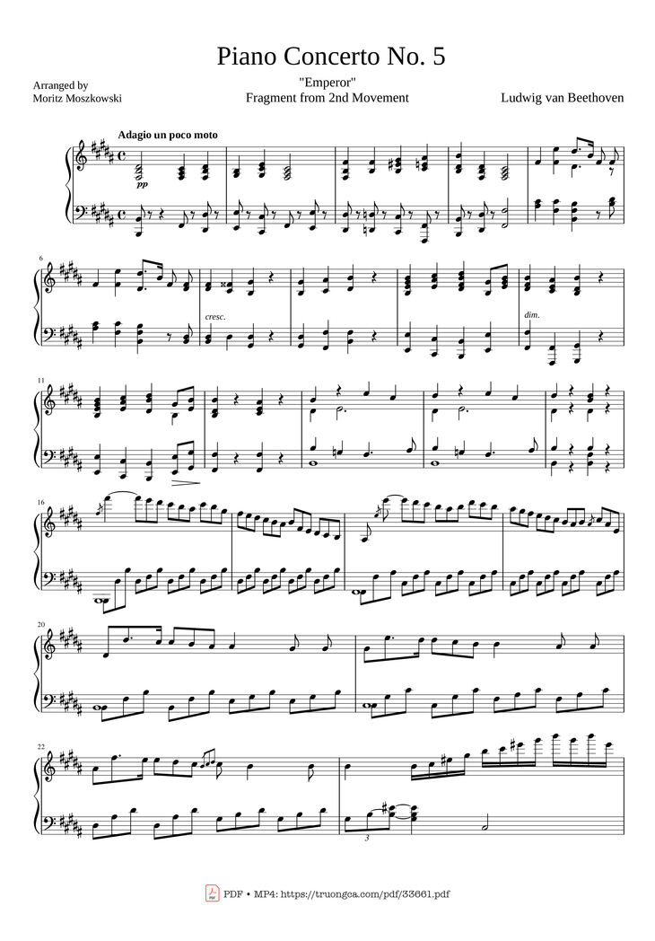 Page 1 of the piano sheet music PDF Piano - Adagio from Beethoven Emperor concerto No.5, Op.73 by Ludwig Van Beethoven