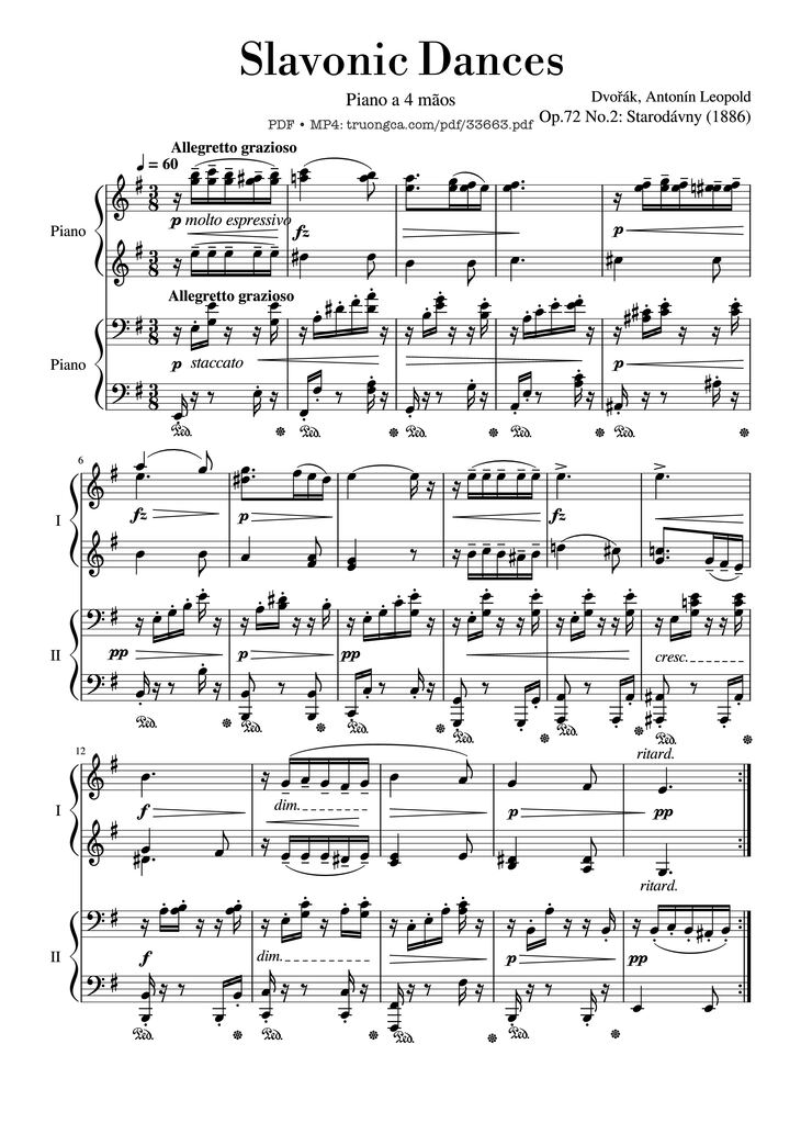 Page 1 of the piano sheet music PDF Piano - Slavonic Dances, Op.72 No.2 Piano Four Hand by Antonin Leopold Dvorak