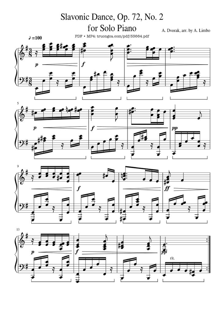 Page 1 of the piano sheet music PDF Piano - Slavonic Dances, Op.72 No.2 Piano Solo by Antonin Leopold Dvorak