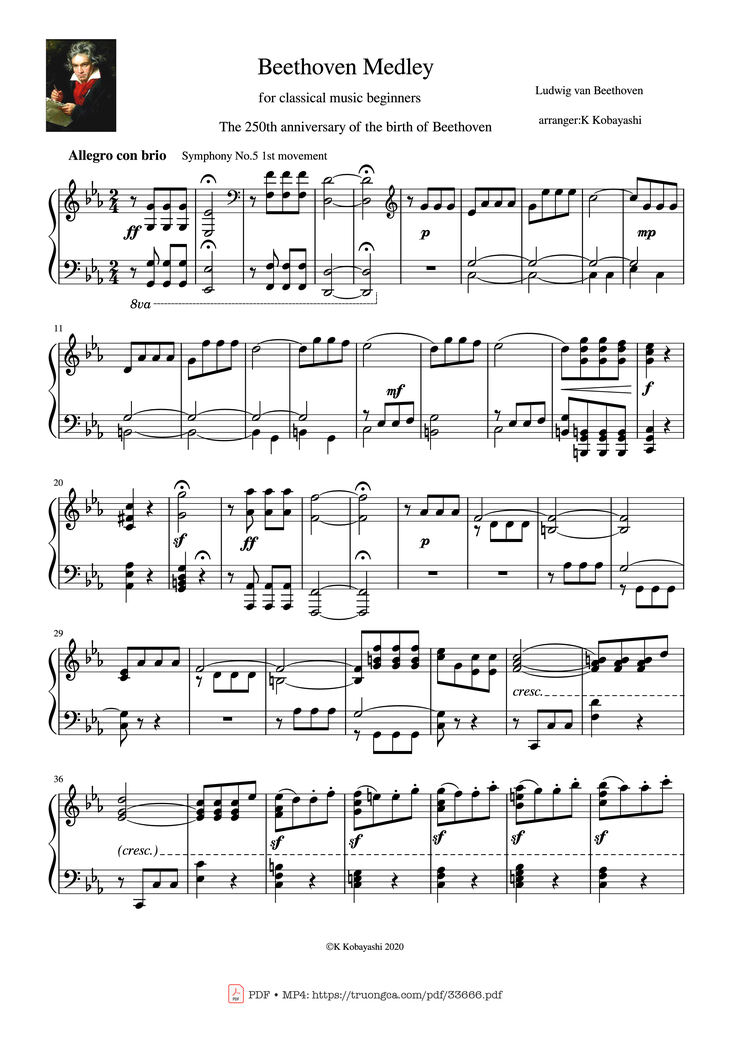 Page 1 of the piano sheet music PDF Piano - Beethoven Medley for classical Piano beginners by Ludwig van Beethoven