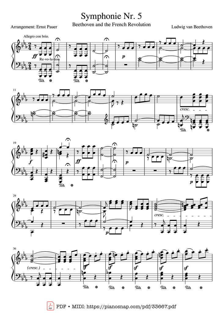 Page 1 of the piano sheet music PDF Piano - Beethoven Symphony No. 5 Piano (Advance) by Ludwig van Beethoven