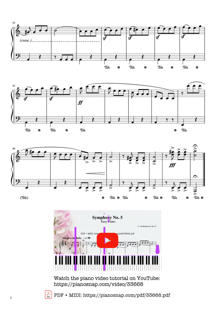 Page 2 of the piano sheet music PDF Piano - Beethoven Symphony No. 5 Piano EASY by Ludwig van Beethoven