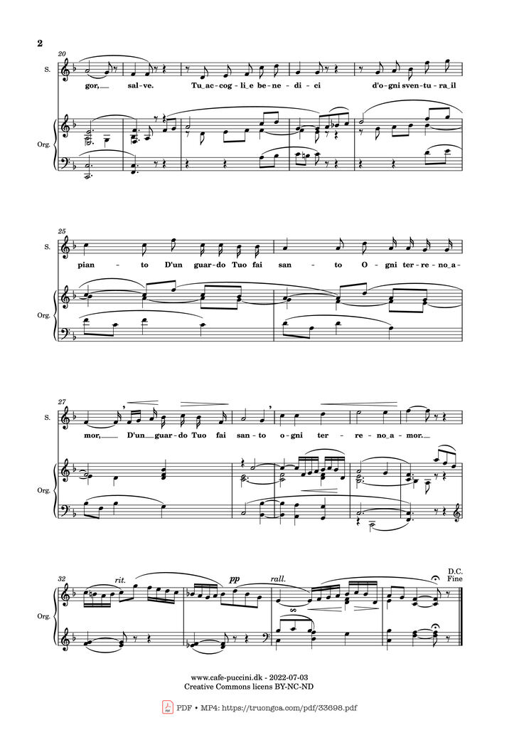 Page 2 of the piano sheet music PDF - Salve Regina by Giacomo Puccini
