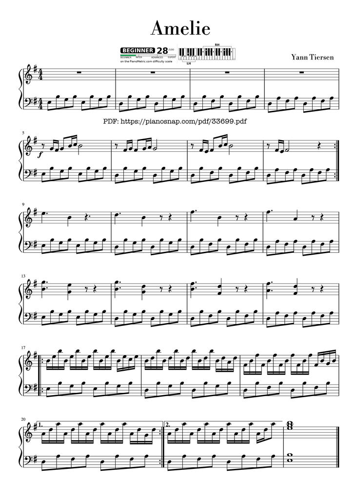 Page 1 of the piano sheet music PDF Piano - Amelie Piano Easy by Yann Tiersen