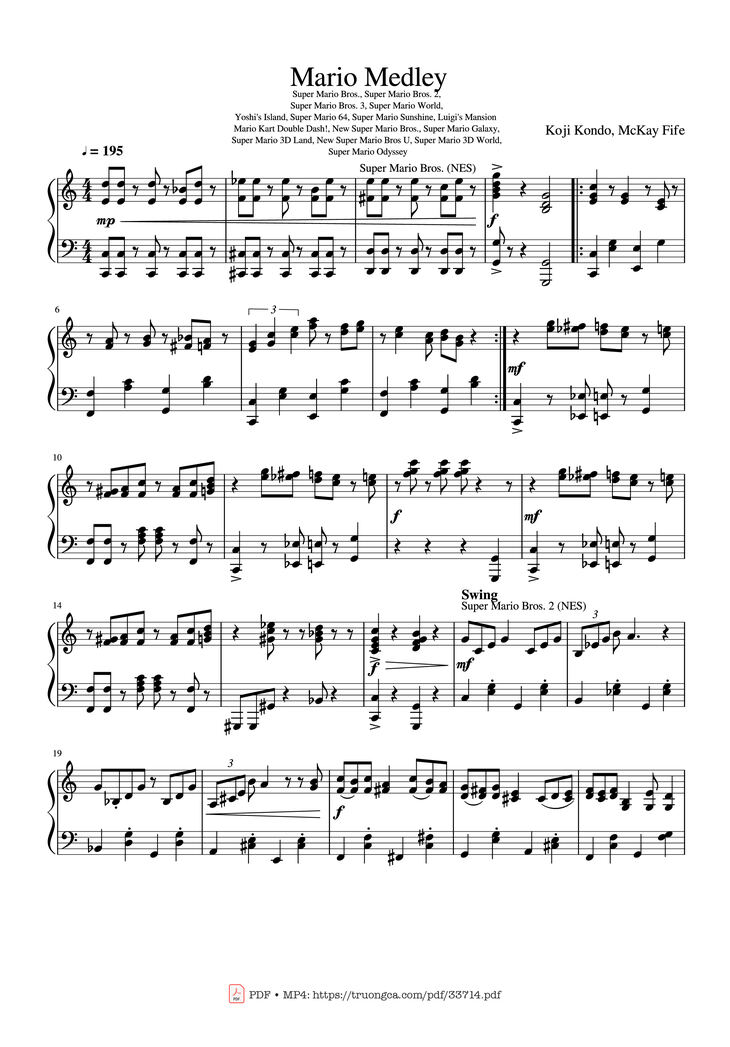 Page 1 of the piano sheet music PDF - Mario Medley Piano by Koji Kondo